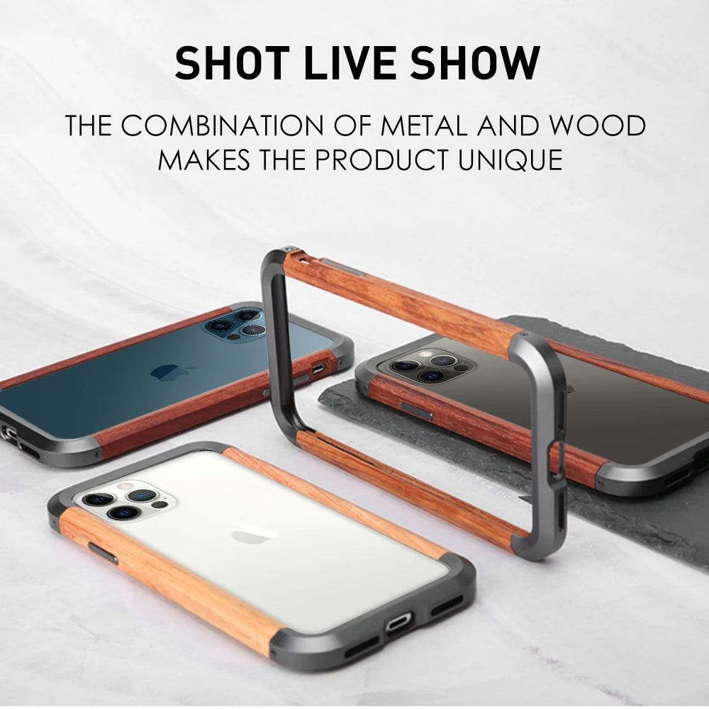 High Quality Natural Wood Phone Case for iPhone 14 13 12 11 Pro Max Mini XR XS Max X 7 8 SE Aluminum Metal+Wood Bumper Cover