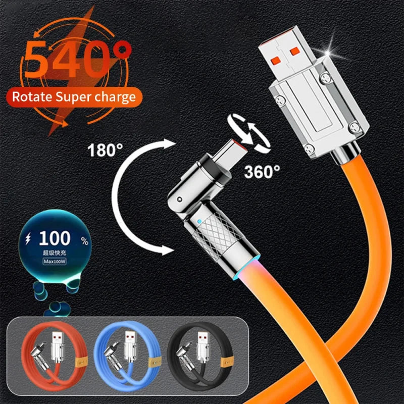 Silicone 120W USB to Type-C Cable Fast Charging Cable 540 Rotating Cable Data Cable 180 Degree Rotate Phone Charging Cable