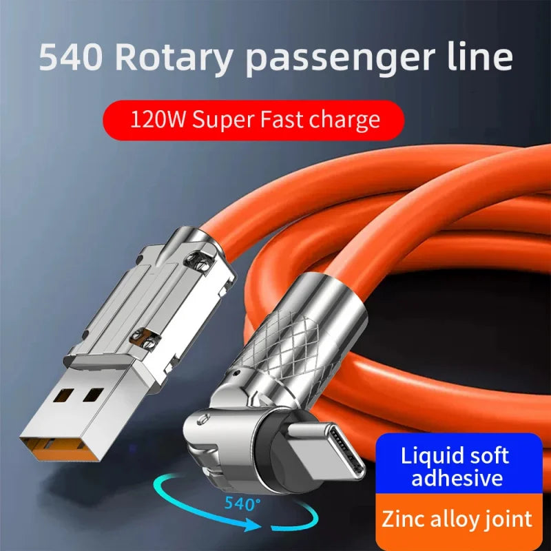 Silicone 120W USB to Type-C Cable Fast Charging Cable 540 Rotating Cable Data Cable 180 Degree Rotate Phone Charging Cable