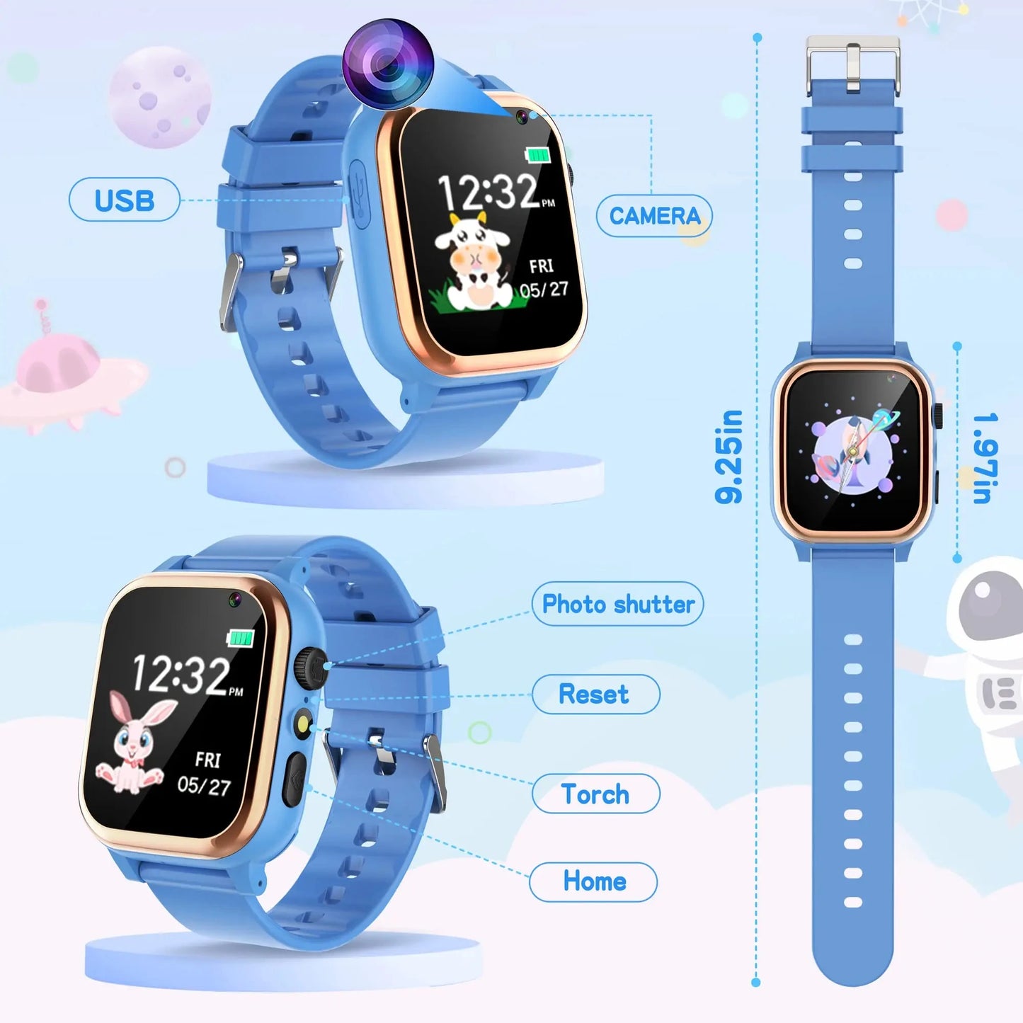 Smart Watch Kids HD Touch Screen Camera Music Player With 16 Puzzle Games Pedometer Calculator Flashlight 12/24hr Kids Watche